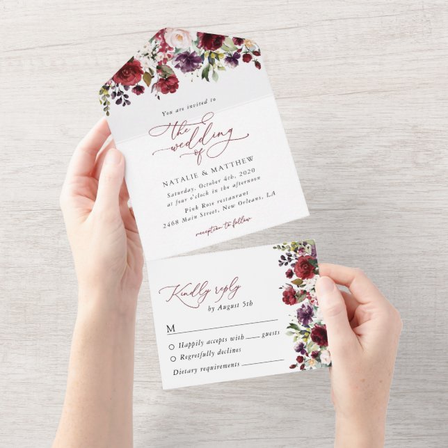 Burgundy Flowers, Pink Flowers, Greenery, Wedding All In One Invitation (Tearaway)