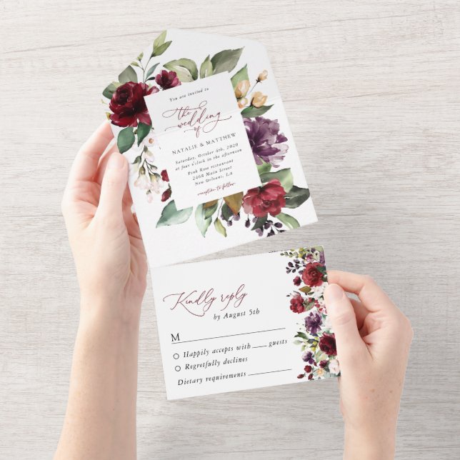Burgundy Flowers, Pink Flowers, Greenery, Wedding All In One Invitation (Tearaway)