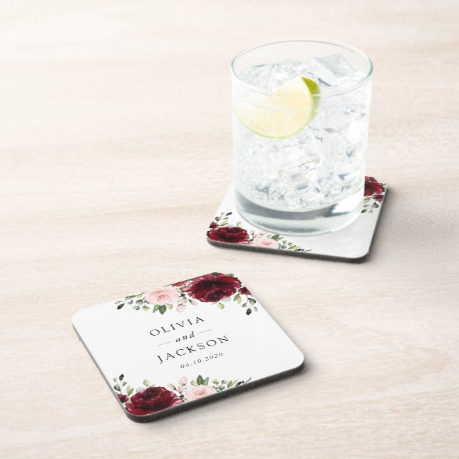 Burgundy Flowers, Pink Flowers, Greenery, Wedding Coaster (Right Side)
