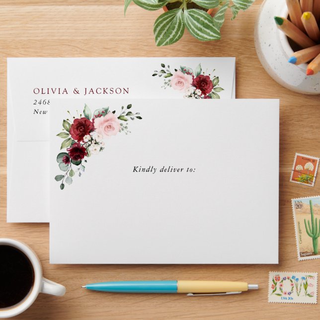 Burgundy Flowers, Pink Flowers, Greenery, Wedding Envelope (Desk)