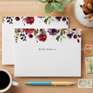 Burgundy Flowers, Pink Flowers, Greenery, Wedding Envelope