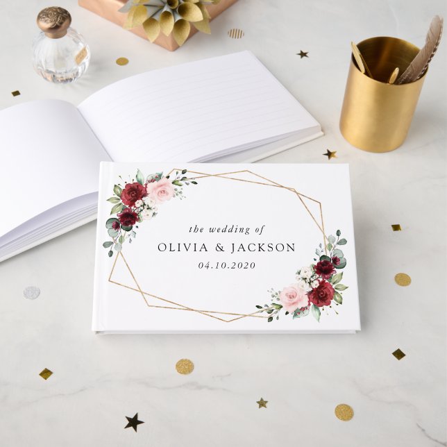 Burgundy Flowers, Pink Flowers, Greenery, Wedding Guest Book (Front Open)