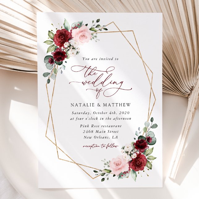 Burgundy Flowers, Pink Flowers, Greenery, Wedding Invitation (Creator Uploaded)