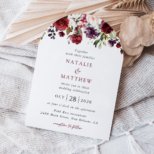 Burgundy Flowers, Pink Flowers, Greenery, Wedding Invitation
