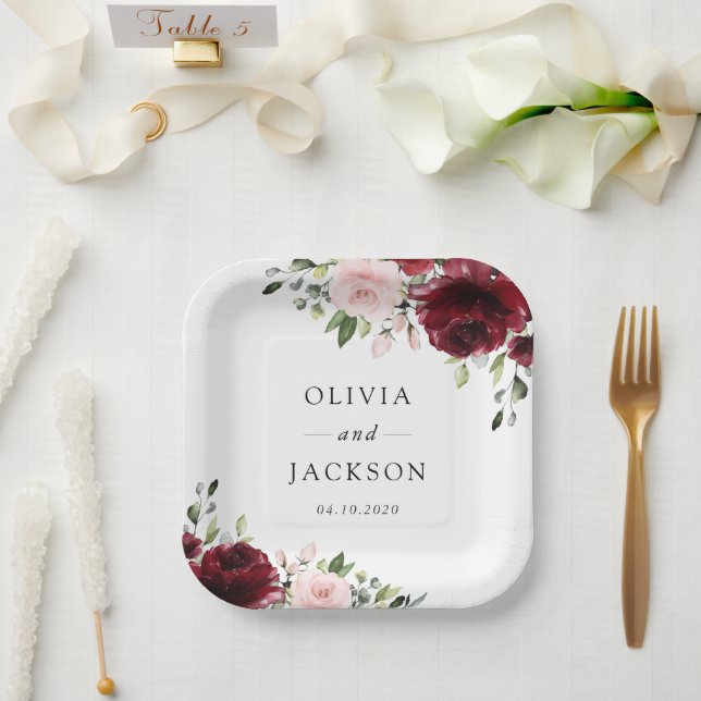Burgundy Flowers, Pink Flowers, Greenery, Wedding Paper Plate (Wedding)