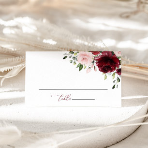 Burgundy Flowers, Pink Flowers, Greenery, Wedding Place Card