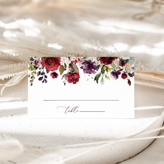 Burgundy Flowers, Pink Flowers, Greenery, Wedding Place Card (Creator Uploaded)