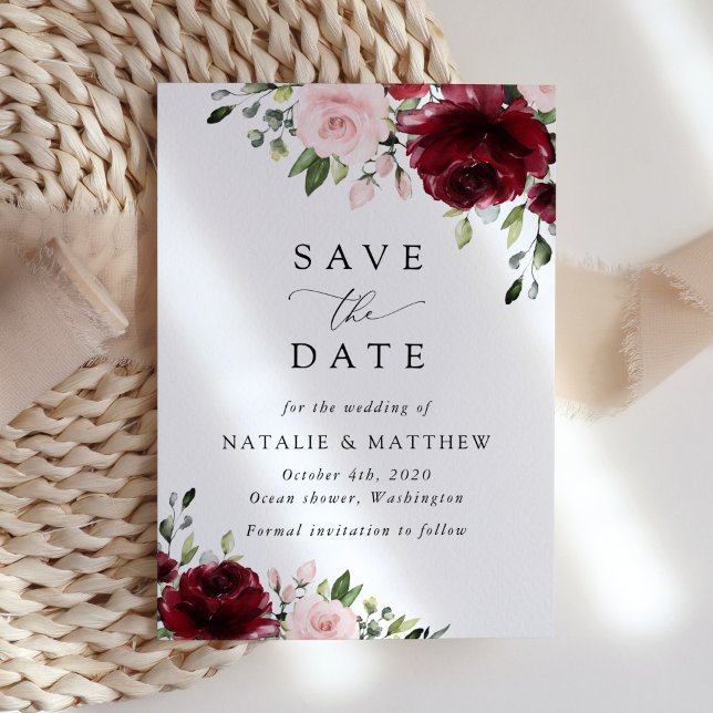 Burgundy Flowers, Pink Flowers, Greenery, Wedding Save The Date (Creator Uploaded)