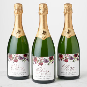 Burgundy Flowers, Pink Flowers, Greenery, Wedding Sparkling Wine Label