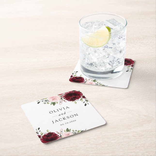 Burgundy Flowers, Pink Flowers, Greenery, Wedding Square Paper Coaster (Insitu)