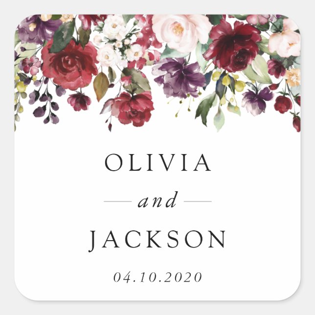 Burgundy Flowers, Pink Flowers, Greenery, Wedding Square Sticker (Front)