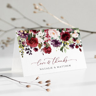 Burgundy Flowers, Pink Flowers, Greenery, Wedding Thank You Card