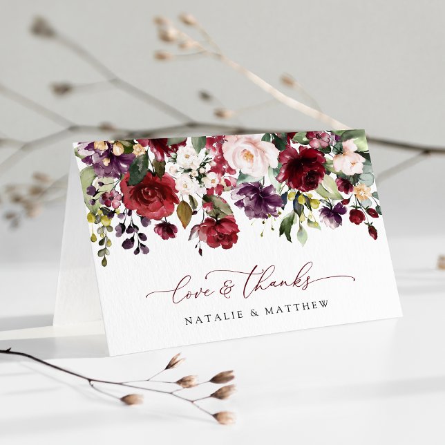 Burgundy Flowers, Pink Flowers, Greenery, Wedding Thank You Card (Creator Uploaded)