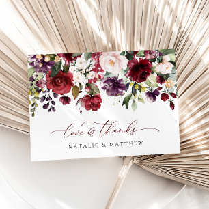 Burgundy Flowers, Pink Flowers, Greenery, Wedding Thank You Card