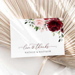 Burgundy Flowers, Pink Flowers, Greenery, Wedding Thank You Card