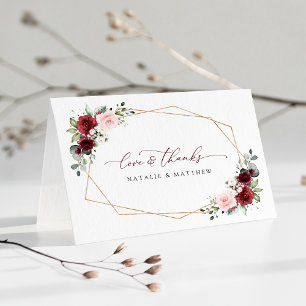 Burgundy Flowers, Pink Flowers, Greenery, Wedding Thank You Card