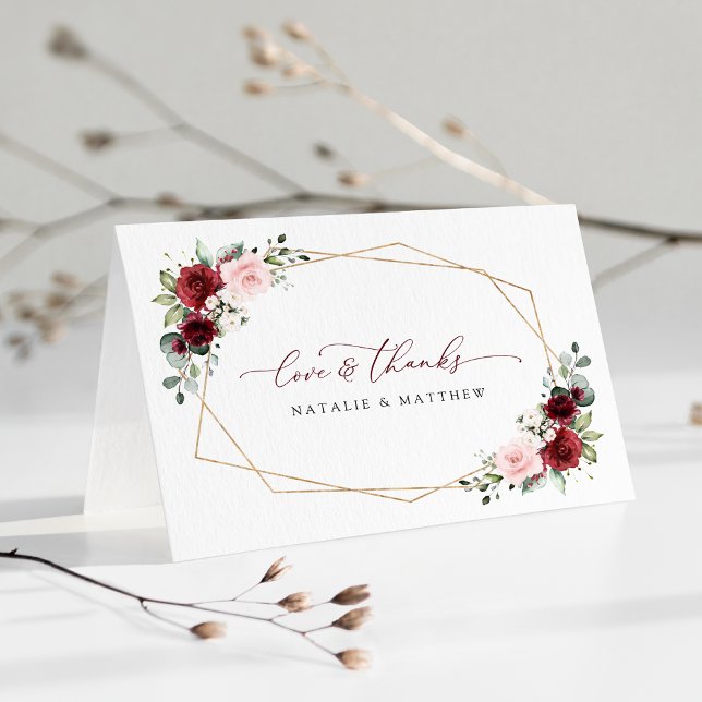 Burgundy Flowers, Pink Flowers, Greenery, Wedding Thank You Card (Creator Uploaded)