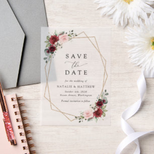 Burgundy Flowers, Pink Flowers, Greenery, Wedding Vellum Invitations