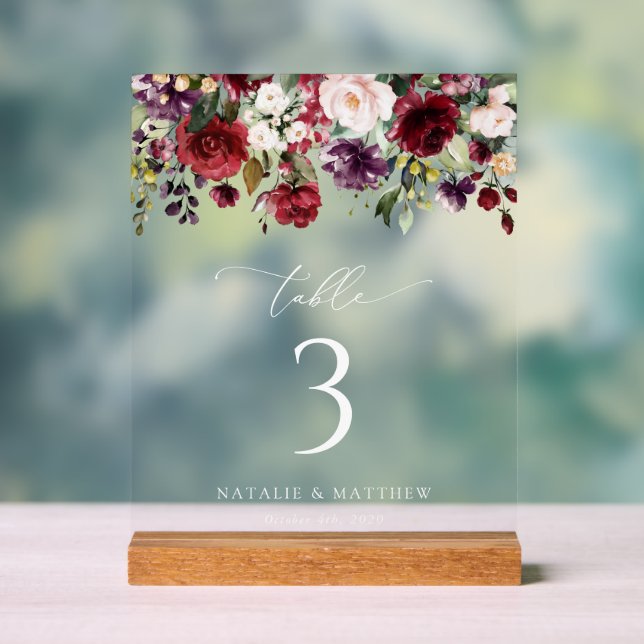 Burgundy Flowers, Pink Flowers, Table Numbers Acrylic Sign (Neutral)