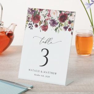 Burgundy Flowers, Pink Flowers, Table Numbers Pedestal Sign