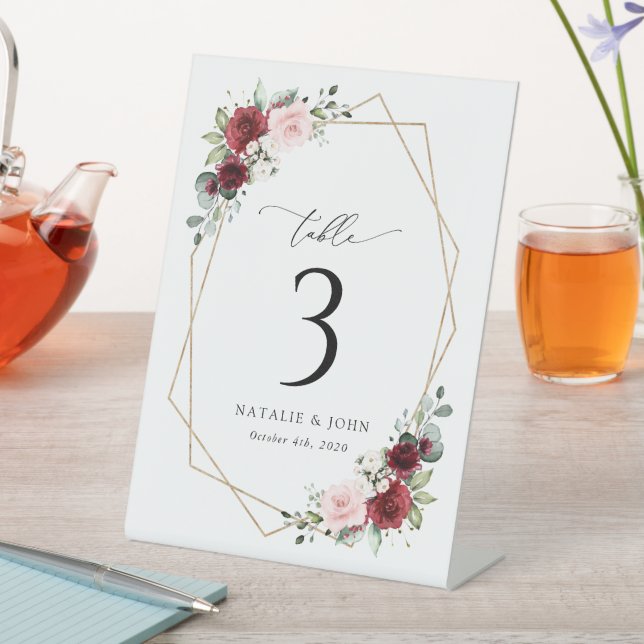 Burgundy Flowers, Pink Flowers, Table Numbers Pedestal Sign (In SItu)
