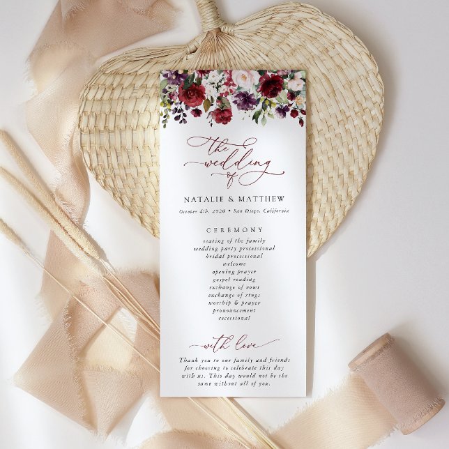 Burgundy Flowers, Pink Flowers, Wedding Program Programme (Creator Uploaded)