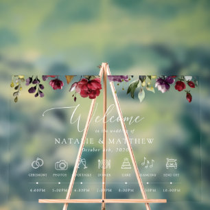 Burgundy Flowers, Pink Flowers, Wedding Timeline Acrylic Sign