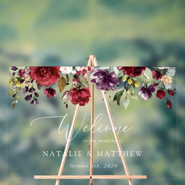 Burgundy Flowers, Pink Flowers, Wedding Welcome Acrylic Sign (Neutral)