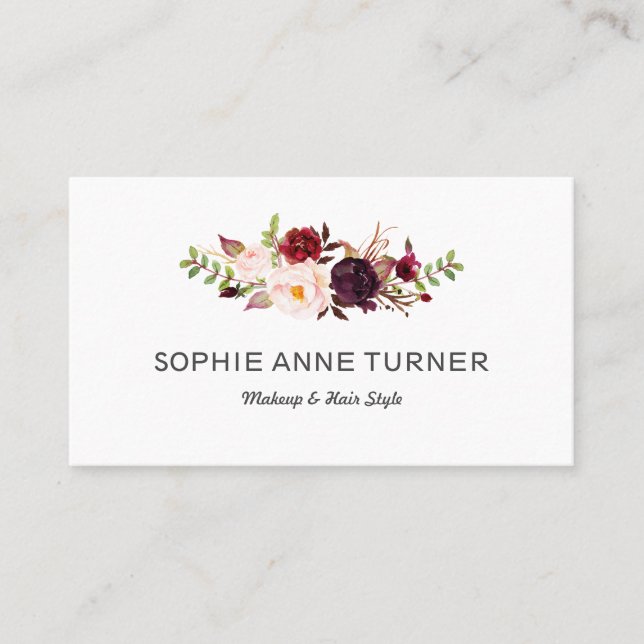 Burgundy Flowers Professional Makeup Hair Style Business Card (Front)
