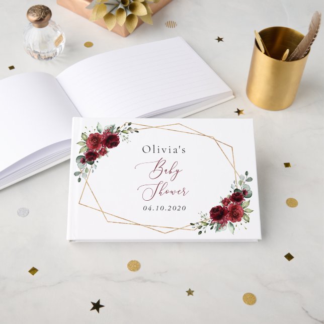 Burgundy Flowers, Red Flowers, Baby Shower Guest Book (Front Open)