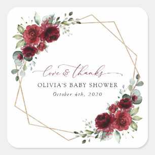 Burgundy Flowers, Red Flowers, Baby Shower Square Sticker