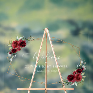 Burgundy Flowers, Red Flowers, Baby Shower Welcome Acrylic Sign