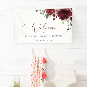 Burgundy Flowers, Red Flowers, Baby Shower Welcome Banner