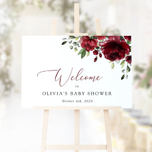 Burgundy Flowers, Red Flowers, Baby Shower Welcome Poster
