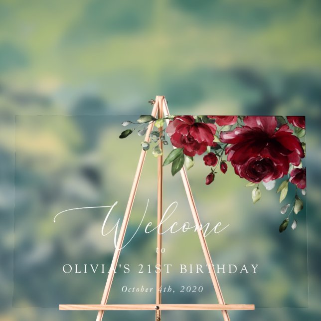 Burgundy Flowers, Red Flowers, Birthday Welcome Acrylic Sign (Neutral)