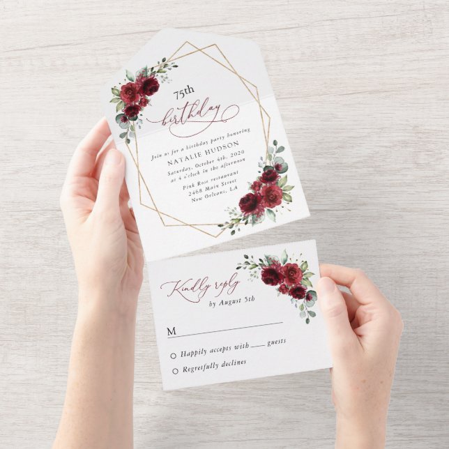Burgundy Flowers, Red Flowers, Boho, Birthday All In One Invitation (Tearaway)