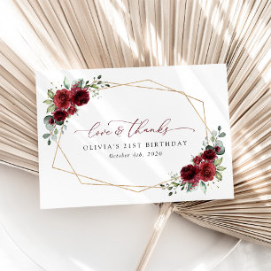 Burgundy Flowers, Red Flowers, Boho, Birthday Thank You Card