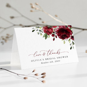 Burgundy Flowers, Red Flowers, Boho, Bridal Shower Thank You Card