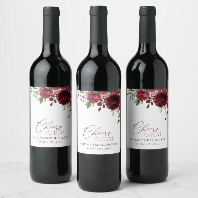 Burgundy Flowers, Red Flowers, Boho, Bridal Shower Wine Label (Bottles)