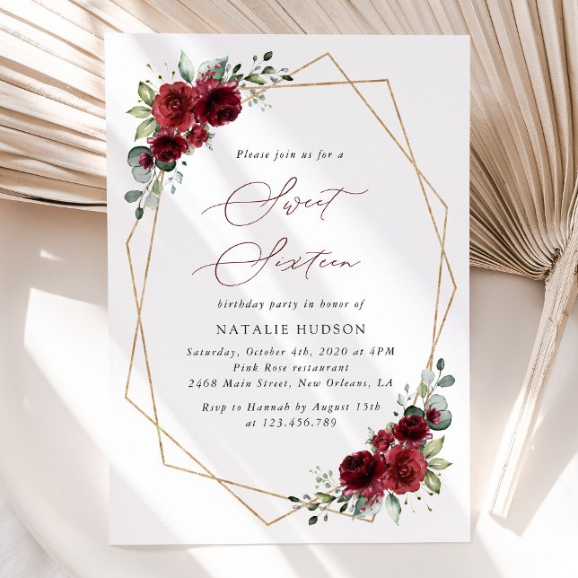 Burgundy Flowers, Red Flowers, Boho, Sweet 16 Invitation (Creator Uploaded)