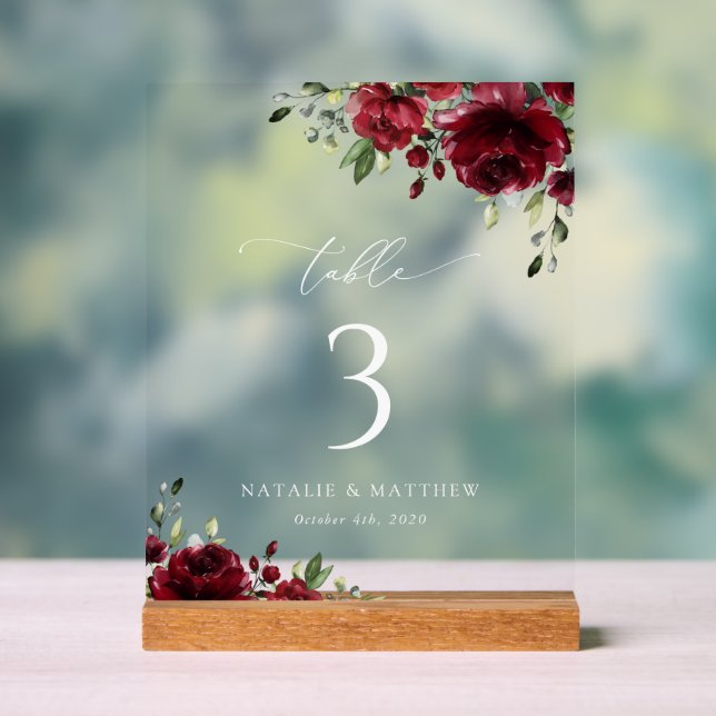 Burgundy Flowers, Red Flowers, Boho, Table Numbers Acrylic Sign (Neutral)