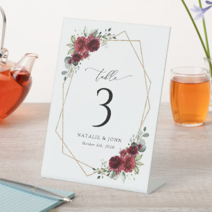 Burgundy Flowers, Red Flowers, Boho, Table Numbers Pedestal Sign
