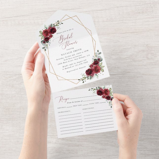 Burgundy Flowers, Red Flowers, Bridal Shower All In One Invitation (Tearaway)