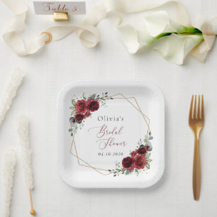 Burgundy Flowers, Red Flowers, Bridal Shower Paper Plate