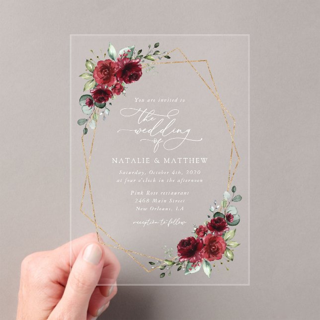 Burgundy Flowers, Red Flowers, Floral Wedding Acrylic Invitations (Insitu (Handheld))