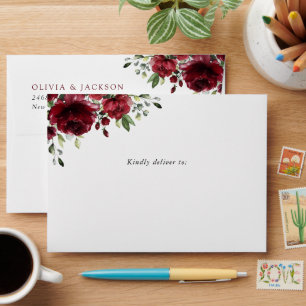 Burgundy Flowers, Red Flowers, Floral Wedding Envelope