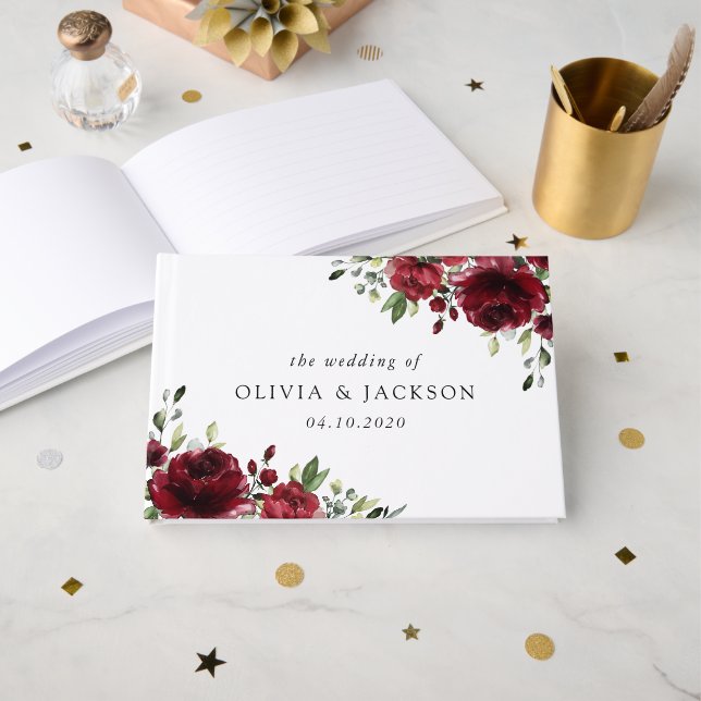 Burgundy Flowers, Red Flowers, Floral Wedding Guest Book (Front Open)