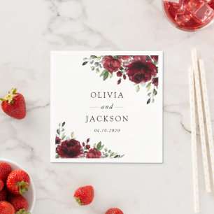 Burgundy Flowers, Red Flowers, Floral Wedding Napkin
