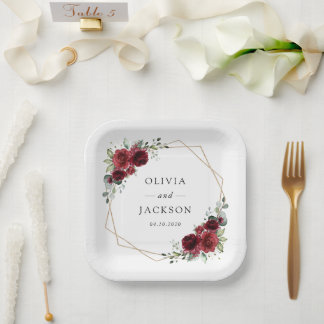 Burgundy Flowers, Red Flowers, Floral Wedding Paper Plate