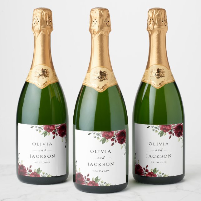 Burgundy Flowers, Red Flowers, Floral Wedding Sparkling Wine Label (Bottles)